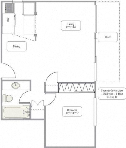 1 Bed - 1 Bath, 735 sq ft floor plan