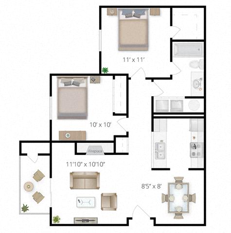 2 Bed, 1 Bath, 839 sq. ft. floor plan