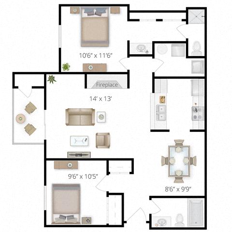 2 Bed, 2 Bath, 934 sq. ft. floor plan