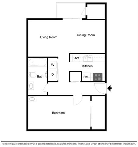 1 Bed - 1 Bath |665 sq ft 1 Bedroom 1 Bath floorplan