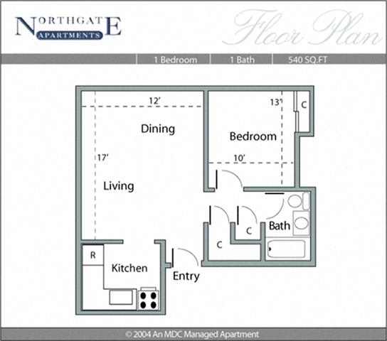 1 Bed, 1 Bath, 540 square feet floor plan