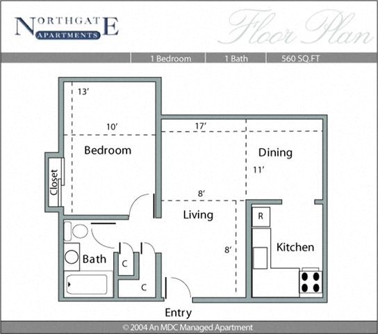 1 Bed, 1 Bath, 560 square feet floor plan