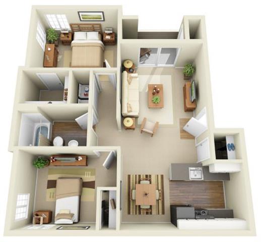 2 Bed 1 Bath, 820 square feet floor plan The ONeil