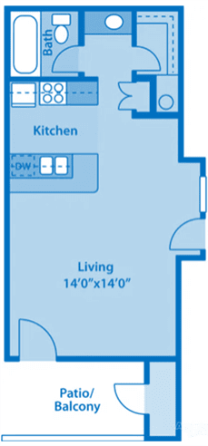 Canyon Creek 1A Studio Floor Plan image depicting layout. Storage and storage in the bottom, living area in the middle, kitchen &amp; bathroom on top.