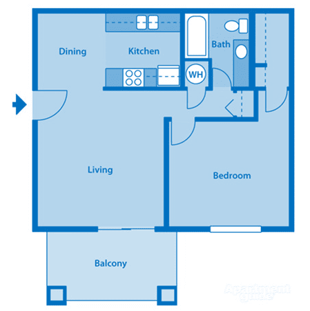 Catalina Canyon 1A Floor Plan Image depicting layout. Balcony, living room and kitchen on the left. Bedroom and bathroom on the right.