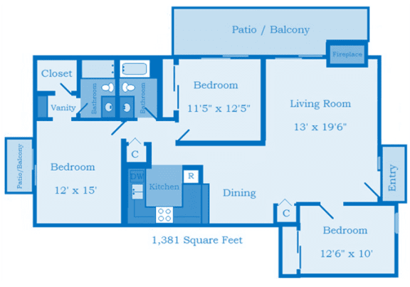 Cottonwood Creek 3 Bedroom Floor Plan image depicting layout. Patio/Balcony, bedroom and bathrooms on the left. Kitchen 2nd bedroom in the middle. Living room, large patio, and 3rd bedroom on the right.