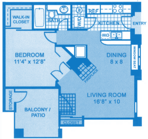 Floor Plan  Ridgepointe A1 Floor Plan depicting dimensions of apartment home.