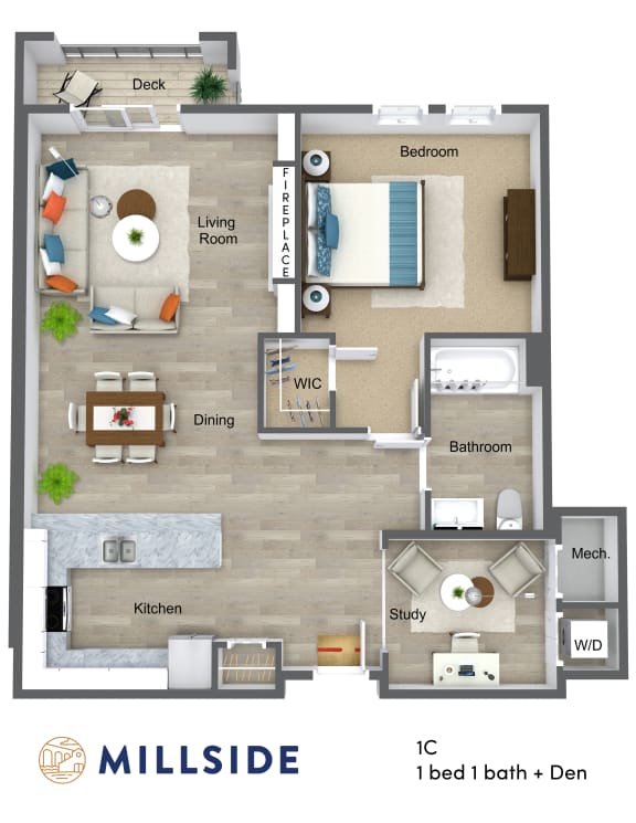 Millside One Bedroom One Bathroom with Study and Balcony Deck