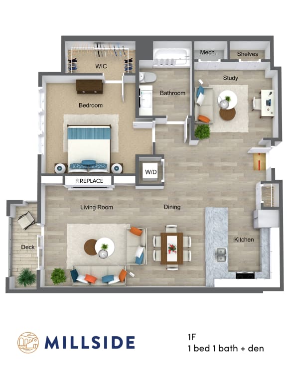 Millside One Bedroom One Bathroom with Study and Balcony Deck