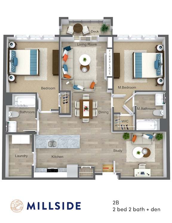 Millside Two Bedroom Two Bathroom with Study and Balcony Deck