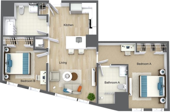 Mio 2 Bedroom 3D Floor plan Style P