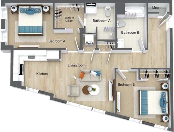 Mio 2 Bedroom 3D Floor plan Style Q
