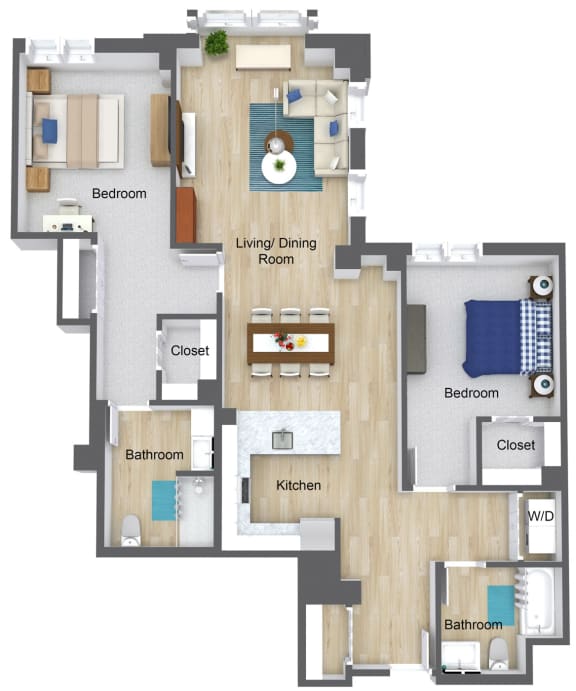 2 bedroom floor plan at Munroe Place in Quincy