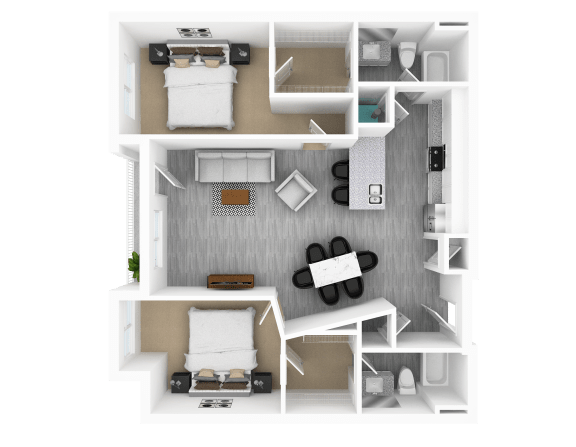 Luxury 2 Bed 2 Bath, 1,252 - 1,283 sqft, 3D Floorplan at The Whit in Indianapolis, IN 46204