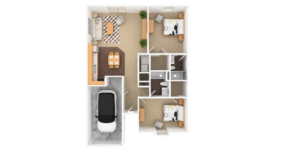 Diamond 2 Bedroom 2 Bathroom Duplex Floor Plan Diamond 2 Bedroom 2 Bathroom Duplex, 1077 sq. ft., at Barton Farms Apartments and Duplexes in Greenwood, IN 46143