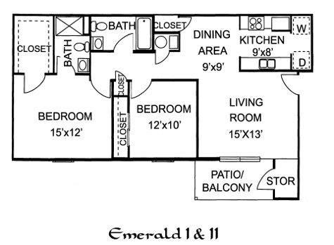Emerald 2 Bedroom 2 Bathroom, 1038 sq. ft., at Barton Farms Apartments and Duplexes in Greenwood, IN 46143