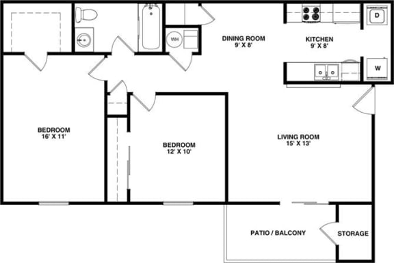 2 Bedroom 1 Bathroom, 899 sq ft, Crane floorplan  at Bexley Village, Greenwood, Indiana