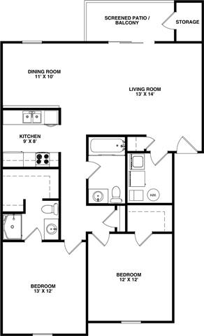 2 Bedroom 2 Bathroom, 1,073 sq ft, Falcon floorplan  at Bexley Village, Greenwood, IN, 46143