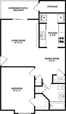1 Bedroom 1 Bathroom, 680 sq ft, Gull floorplan with private entry  at Bexley Village, Greenwood, IN