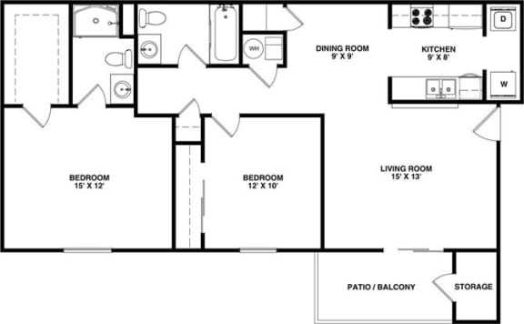 2 Bedroom 2 Bathroom, 987 sq ft, Heron floorplan 2 Bedroom 2 Bathroom, 987 sq ft, Heron floorplan at Bexley Village, Indiana