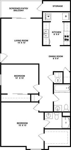 2 Bedroom 2 Bathroom with private entry, 987 sq ft, Quail floorplan at Bexley Village, Indiana, 46143