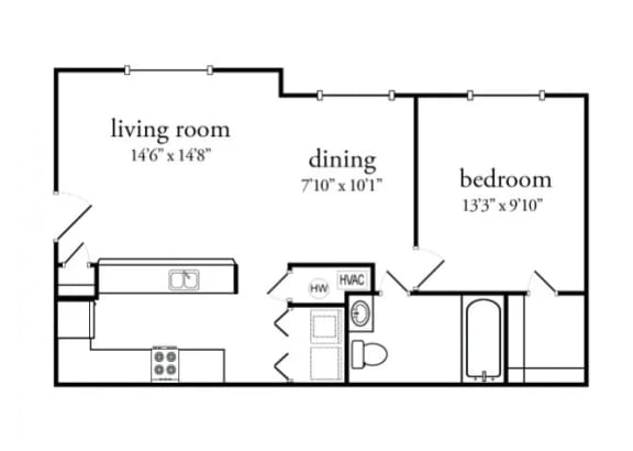 Floor Plan  1 bed 1 bath Floor Plan at Meadow View Apartments and Townhomes, Springboro, OH