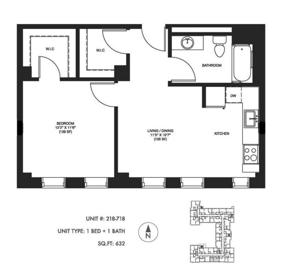 1 Bedroom 1 Bathroom 632 sqft 2D floorplan at Somerset Place Apartments in Chicago, IL 60640