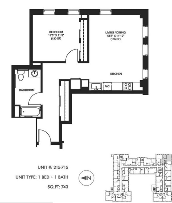 1 Bed 1 Bath 743 sq. ft. 2D Floorplan at Somerset Place Apartments, Chicago, IL 60640