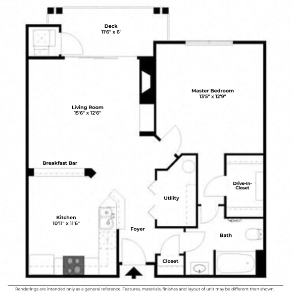 Floor Plan  1 Bedroom 1 Bathroom, 825 sqft, The Creekside 3D floorplan at Creekside at Meadowbrook Apartments in Lowell, IN 46356