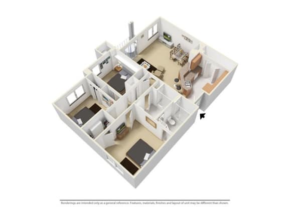 3 Bedroom 2 Bathroom, 1,250 sqft, The Lakefront 3D floorplan at Creekside at Meadowbrook in Lowell, IN 46356