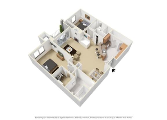 2 Bedroom 2 Bathroom, 1,100 sqft, The Meadowbrook 3D floorplan at Creekside at Meadowbrook in Lowell, IN 46356