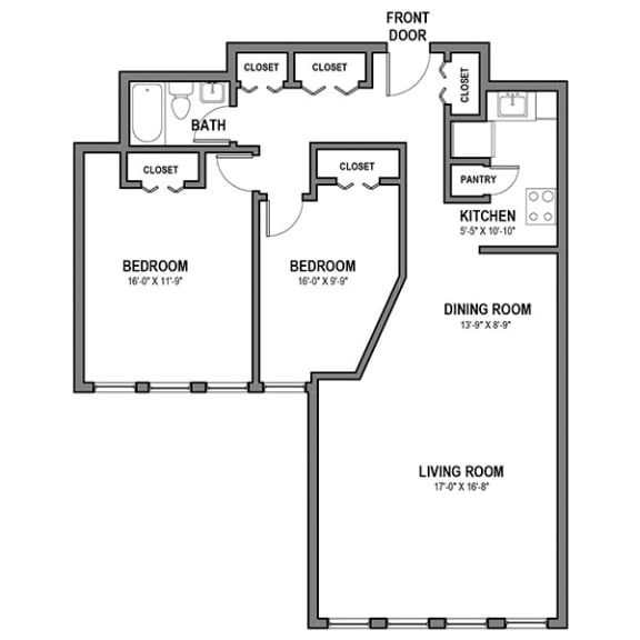 Floor Plan  One Bath Two Bedrooms, 1020 Sq. Ft Floor Plans, Walnut Towers at Frick Park, pet-friendly apartments in Pittsburgh, PA