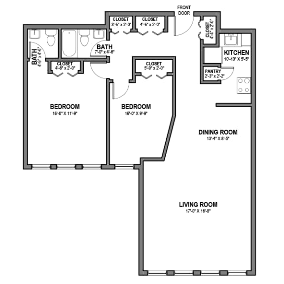 Floor Plan  One Bath Two Bedrooms, Walnut Towers at Frick Park, pet-friendly apartments in Pittsburgh, PA