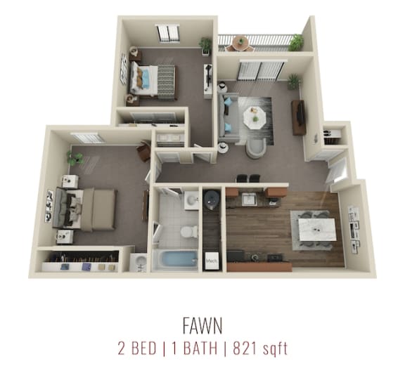 Fawn 821 Sq. Ft. Floor Plan at Deerfield Crossing Apartments, Lebanon, Ohio