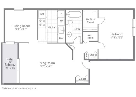 The Aspen - One Bedroom One Bath Floor Plan at Stuart Woods, Herndon, VA