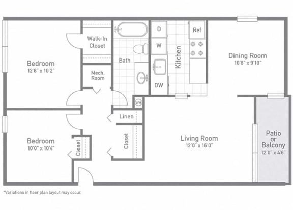The Bayberry - Two Bedroom One Bath Floor Plan at Stuart Woods, Virginia, 20170