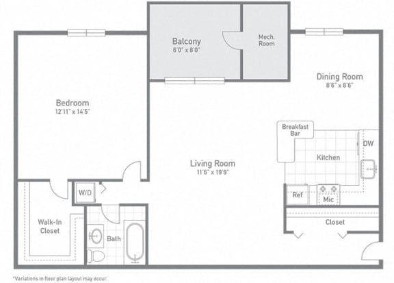 Apartment floor plan view with large one bedroom at Tysons Glen Apartments and Townhomes, Falls Church, Virginia