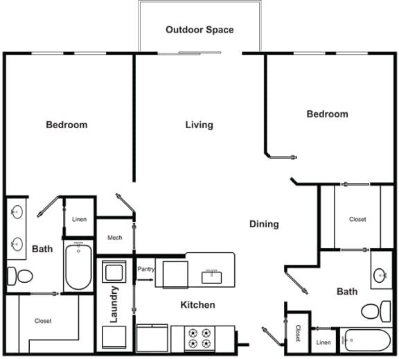 2 Bedroom 2 Bathroom Floor Plan at The Encore by Windsor, Atlanta, GA, 30339