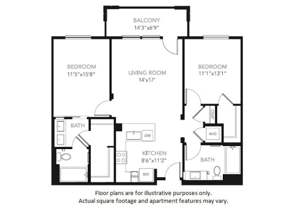 B1-W Two Bedroom Two Bath Floor Plan B1-W Two Bedroom Two Bath Floor Plan at Blu Harbor by Windsor, Redwood City, California