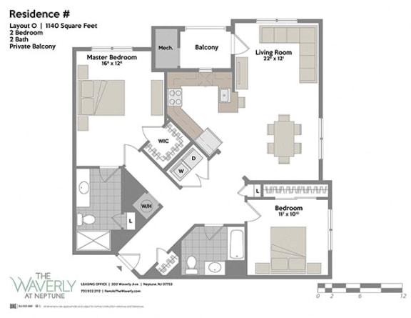 Layout O 2 Bedroom 2 Bathroom Floor Plan at The Waverly at Neptune, New Jersey