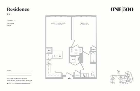 1 Bedroom 1 Bathroom Floor Plan at One500, Teaneck, 07666