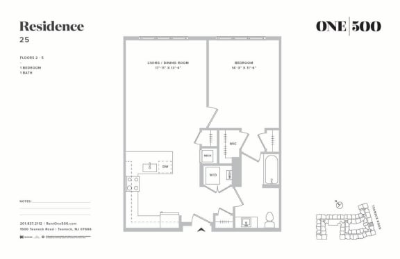 A10 1 Bed 1 Bath Floor Plan at One500, Teaneck