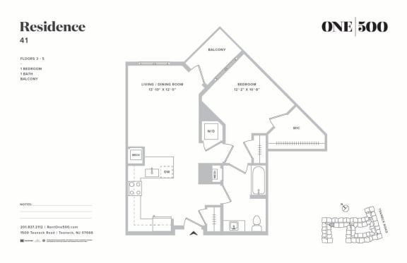 A12 1 Bed 1 Bath Floor Plan at One500, New Jersey, 07666