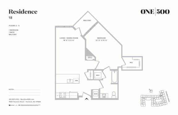 A14 1 Bed 1 Bath Floor Plan at One500, Teaneck, 07666
