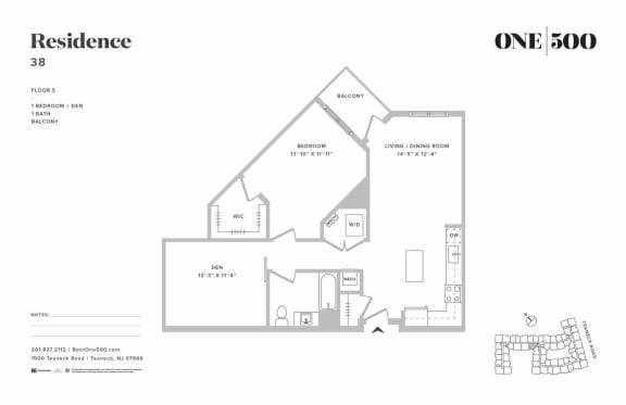 A2-g 1 Bedroom 1 Bathroom Floor Plan at One500, Teaneck, New Jersey