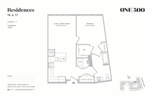 A3 1 Bed 1 Bath Floor Plan at One500, Teaneck