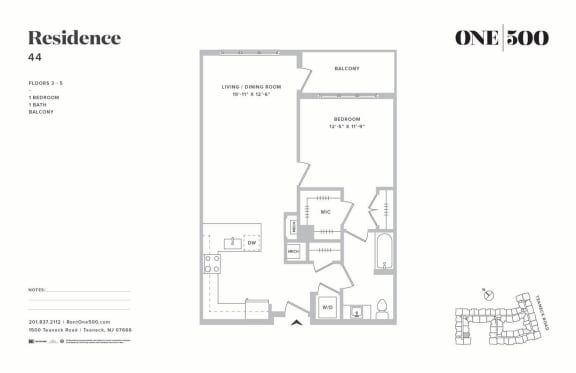 A5 1 Bed 1 Bath Floor Plan at One500, New Jersey, 07666