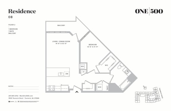 A6-d 1 Bed 1 Bath Floor Plan at One500, Teaneck