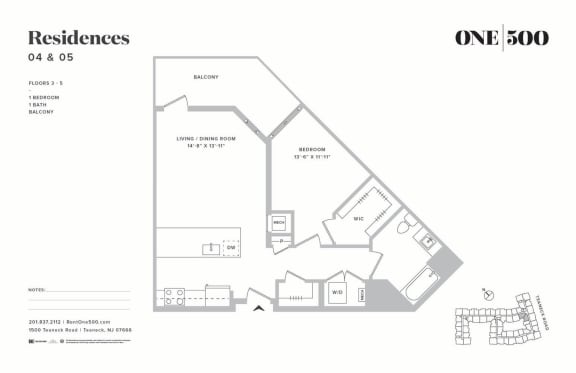 A6-a 1 Bedroom 1 Bathroom Floor Plan at One500, Teaneck, New Jersey