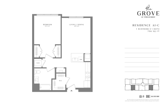 A1C 1 Bed 1 Bath Floor Plan at The Grove at Piscataway, Piscataway, New Jersey